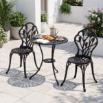 Costway Set da bistrot 3 pezzi in alluminio pressofuso con foro per ombrellone, Set da esterno per giardino cortile con decorazioni a tulipano Nero - immagine 3