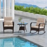 Costway Set da bistrot a dondolo 3 pezzi con 2 sedie a dondolo e tavolino in vetro temperato, Mobili da patio in rattan con cuscini morbidi - immagine 4
