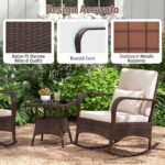 Costway Set da bistrot a dondolo 3 pezzi con 2 sedie a dondolo e tavolino in vetro temperato, Mobili da patio in rattan con cuscini morbidi - immagine 7