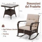 Costway Set da bistrot a dondolo 3 pezzi con 2 sedie a dondolo e tavolino in vetro temperato, Mobili da patio in rattan con cuscini morbidi - immagine 5