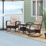 Costway Set da bistrot a dondolo 3 pezzi con 2 sedie a dondolo e tavolino in vetro temperato, Mobili da patio in rattan con cuscini morbidi - immagine 3