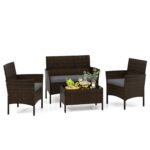Costway Set da conversazione in rattan per patio 4 pezzi con cuscini morbidi, Mobili da esterno modulari per giardino e veranda Grigio - immagine 5