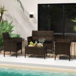 Costway Set da conversazione in rattan per patio 4 pezzi con cuscini morbidi, Mobili da esterno modulari per giardino e veranda Nero - immagine 2
