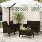 Costway Set da conversazione in rattan per patio 4 pezzi con cuscini morbidi, Mobili da esterno modulari per giardino e veranda Nero - immagine 3