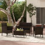 Costway Set da conversazione in rattan per patio 4 pezzi con cuscini morbidi, Mobili da esterno modulari per giardino e veranda Nero - immagine 4