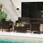 Costway Set da conversazione in rattan per patio 4 pezzi con cuscini morbidi, Mobili da esterno modulari per giardino e veranda Grigio - immagine 2