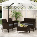 Costway Set da conversazione in rattan per patio 4 pezzi con cuscini morbidi, Mobili da esterno modulari per giardino e veranda Grigio - immagine 3