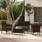 Costway Set da conversazione in rattan per patio 4 pezzi con cuscini morbidi, Mobili da esterno modulari per giardino e veranda Grigio - immagine 4