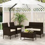 Costway Set da conversazione in rattan per patio 4 pezzi con cuscini morbidi, Mobili da esterno modulari per giardino e veranda Marrone - immagine 3