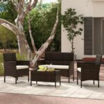 Costway Set da conversazione in rattan per patio 4 pezzi con cuscini morbidi, Mobili da esterno modulari per giardino e veranda Marrone - immagine 4