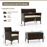 Costway Set da conversazione in rattan per patio 4 pezzi con cuscini morbidi, Mobili da esterno modulari per giardino e veranda Marrone - immagine 5