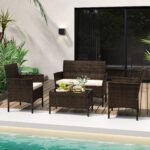 Costway Set da conversazione in rattan per patio 4 pezzi con cuscini morbidi, Mobili da esterno modulari per giardino e veranda Marrone - immagine 2