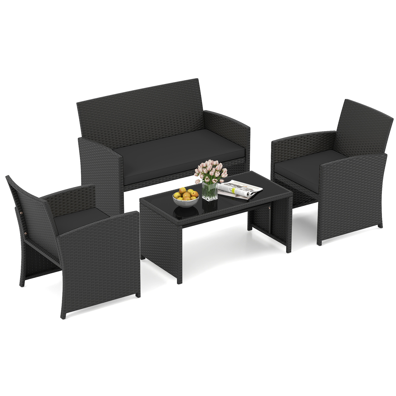 Set-da-salotto-per-patio-in-rattan-4-pezzi-con-divanetto-e-poltrone-mediaId103564478-1772701290.jpg Costway Set da salotto per patio in rattan 4 pezzi con divanetto e poltrone, Mobili da esterno con tavolino vetro temperato per giardino e piscina Nero - immagine 1