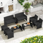 Costway Set da salotto per patio in rattan 4 pezzi con divanetto e poltrone, Mobili da esterno con tavolino vetro temperato per giardino e piscina Nero - immagine 4