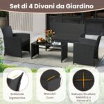 Costway Set da salotto per patio in rattan 4 pezzi con divanetto e poltrone, Mobili da esterno con tavolino vetro temperato per giardino e piscina Nero - immagine 8