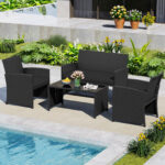 Costway Set da salotto per patio in rattan 4 pezzi con divanetto e poltrone, Mobili da esterno con tavolino vetro temperato per giardino e piscina Nero - immagine 5