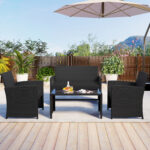 Costway Set da salotto per patio in rattan 4 pezzi con divanetto e poltrone, Mobili da esterno con tavolino vetro temperato per giardino e piscina Nero - immagine 2