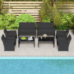 Costway Set da salotto per patio in rattan 4 pezzi con divanetto e poltrone, Mobili da esterno con tavolino vetro temperato per giardino e piscina Nero - immagine 3