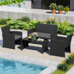 Costway Set da salotto per patio in rattan 4 pezzi con divanetto e poltrone, Mobili da esterno con tavolino vetro temperato per giardino e piscina Grigio - immagine 5