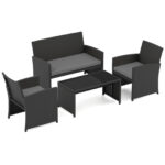 Costway Set da salotto per patio in rattan 4 pezzi con divanetto e poltrone, Mobili da esterno con tavolino vetro temperato per giardino e piscina Grigio