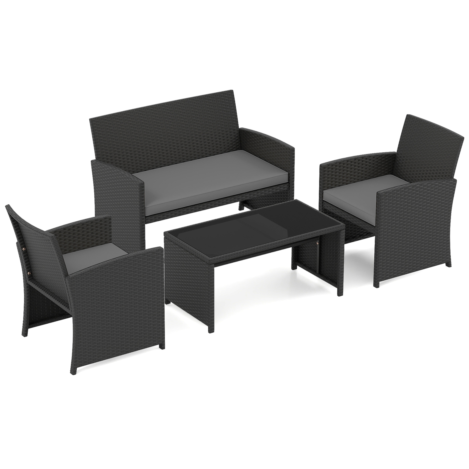 Set-da-salotto-per-patio-in-rattan-4-pezzi-con-divanetto-e-poltrone-mediaId103564504-1772701373.jpg Costway Set da salotto per patio in rattan 4 pezzi con divanetto e poltrone, Mobili da esterno con tavolino vetro temperato per giardino e piscina Grigio - immagine 1