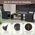 Costway Set da salotto per patio in rattan 4 pezzi con divanetto e poltrone, Mobili da esterno con tavolino vetro temperato per giardino e piscina Grigio - immagine 7
