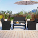 Costway Set da salotto per patio in rattan 4 pezzi con divanetto e poltrone, Mobili da esterno con tavolino vetro temperato per giardino e piscina Grigio - immagine 2