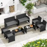 Costway Set da salotto per patio in rattan 4 pezzi con divanetto e poltrone, Mobili da esterno con tavolino vetro temperato per giardino e piscina Grigio - immagine 4