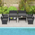 Costway Set da salotto per patio in rattan 4 pezzi con divanetto e poltrone, Mobili da esterno con tavolino vetro temperato per giardino e piscina Grigio - immagine 3