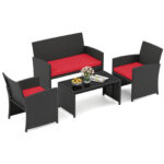Costway Set da salotto per patio in rattan 4 pezzi con divanetto e poltrone, Mobili da esterno con tavolino vetro temperato per giardino e piscina Rosso