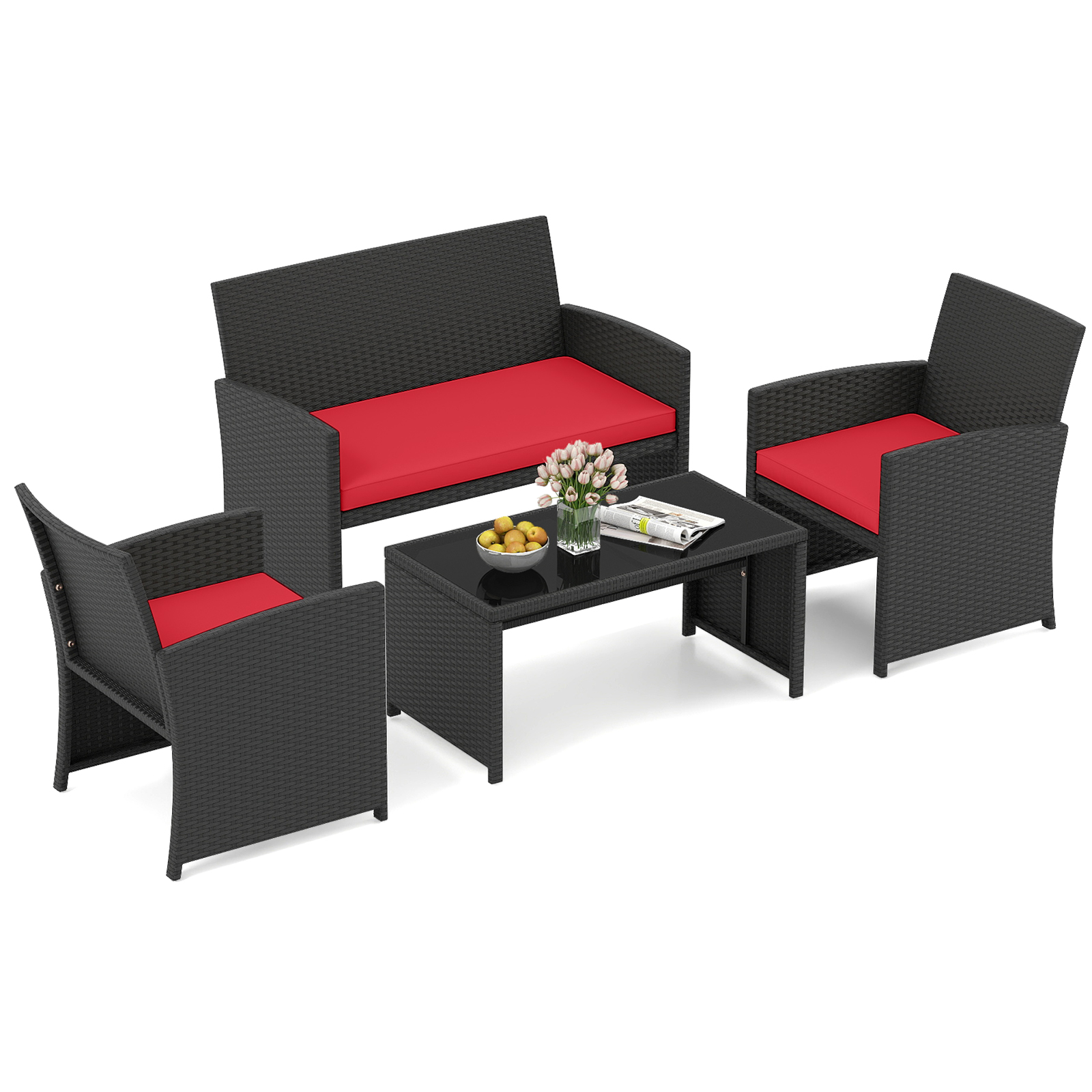 Set-da-salotto-per-patio-in-rattan-4-pezzi-con-divanetto-e-poltrone-mediaId103564544-1772267756.jpg Costway Set da salotto per patio in rattan 4 pezzi con divanetto e poltrone, Mobili da esterno con tavolino vetro temperato per giardino e piscina Rosso - immagine 1