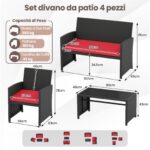 Costway Set da salotto per patio in rattan 4 pezzi con divanetto e poltrone, Mobili da esterno con tavolino vetro temperato per giardino e piscina Rosso - immagine 6