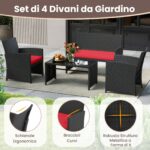 Costway Set da salotto per patio in rattan 4 pezzi con divanetto e poltrone, Mobili da esterno con tavolino vetro temperato per giardino e piscina Rosso - immagine 7