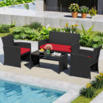 Costway Set da salotto per patio in rattan 4 pezzi con divanetto e poltrone, Mobili da esterno con tavolino vetro temperato per giardino e piscina Rosso - immagine 4