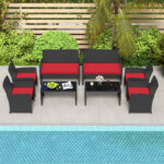 Costway Set da salotto per patio in rattan 4 pezzi con divanetto e poltrone, Mobili da esterno con tavolino vetro temperato per giardino e piscina Rosso - immagine 3