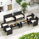 Costway Set da salotto per patio in rattan 4 pezzi con divanetto e poltrone, Mobili da esterno con tavolino vetro temperato per giardino e piscina Beige - immagine 4