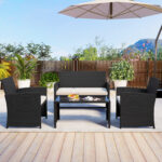 Costway Set da salotto per patio in rattan 4 pezzi con divanetto e poltrone, Mobili da esterno con tavolino vetro temperato per giardino e piscina Beige - immagine 2
