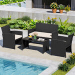 Costway Set da salotto per patio in rattan 4 pezzi con divanetto e poltrone, Mobili da esterno con tavolino vetro temperato per giardino e piscina Beige - immagine 5