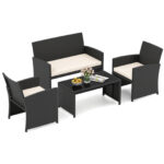 Costway Set da salotto per patio in rattan 4 pezzi con divanetto e poltrone, Mobili da esterno con tavolino vetro temperato per giardino e piscina Beige