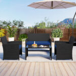 Costway Set da salotto per patio in rattan 4 pezzi con divanetto e poltrone, Mobili da esterno con tavolino vetro temperato per giardino e piscina Blu navy - immagine 2