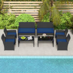 Costway Set da salotto per patio in rattan 4 pezzi con divanetto e poltrone, Mobili da esterno con tavolino vetro temperato per giardino e piscina Blu navy - immagine 3