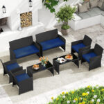 Costway Set da salotto per patio in rattan 4 pezzi con divanetto e poltrone, Mobili da esterno con tavolino vetro temperato per giardino e piscina Blu navy - immagine 4