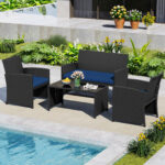 Costway Set da salotto per patio in rattan 4 pezzi con divanetto e poltrone, Mobili da esterno con tavolino vetro temperato per giardino e piscina Blu navy - immagine 5