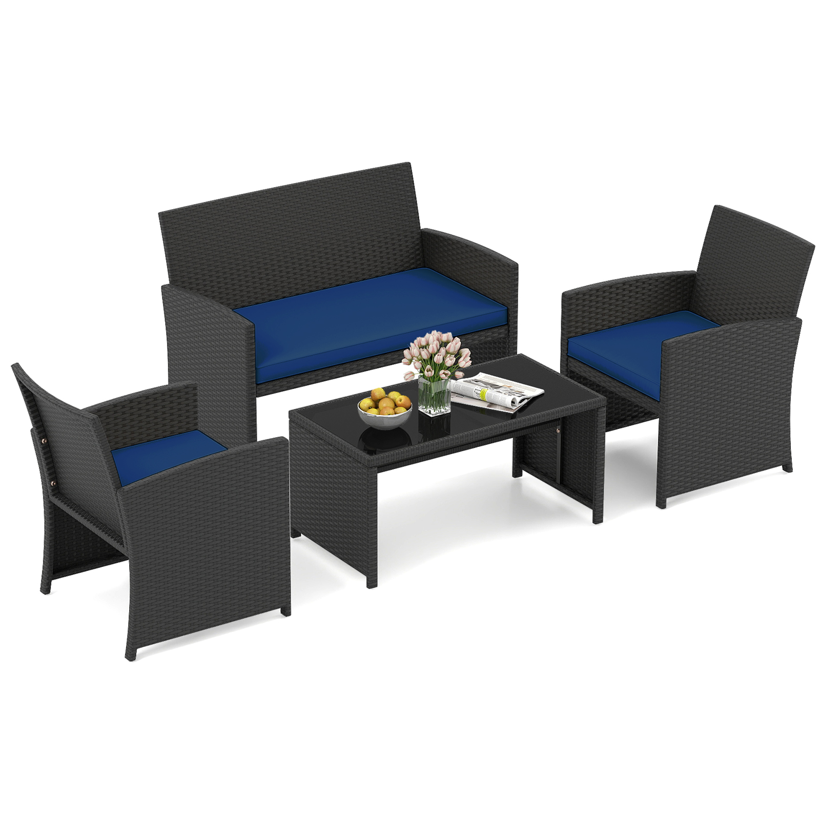 Set-da-salotto-per-patio-in-rattan-4-pezzi-con-divanetto-e-poltrone-mediaId103578898-1772267839.jpg Costway Set da salotto per patio in rattan 4 pezzi con divanetto e poltrone, Mobili da esterno con tavolino vetro temperato per giardino e piscina Blu navy - immagine 1