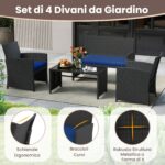 Costway Set da salotto per patio in rattan 4 pezzi con divanetto e poltrone, Mobili da esterno con tavolino vetro temperato per giardino e piscina Blu navy - immagine 8