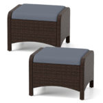 Costway Set di 2 poggiapiedi da giardino in PE rattan con cuscino rimovibile, Pouf da esterno ottomano multiuso Grigio
