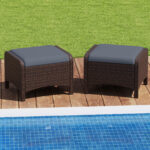 Costway Set di 2 poggiapiedi da giardino in PE rattan con cuscino rimovibile, Pouf da esterno ottomano multiuso Grigio - immagine 2