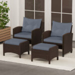 Costway Set di 2 poggiapiedi da giardino in PE rattan con cuscino rimovibile, Pouf da esterno ottomano multiuso Grigio - immagine 3