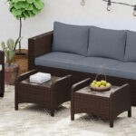 Costway Set di 2 poggiapiedi da giardino in PE rattan con cuscino rimovibile, Pouf da esterno ottomano multiuso Grigio - immagine 4