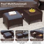Costway Set di 2 poggiapiedi da giardino in PE rattan con cuscino rimovibile, Pouf da esterno ottomano multiuso Grigio - immagine 7